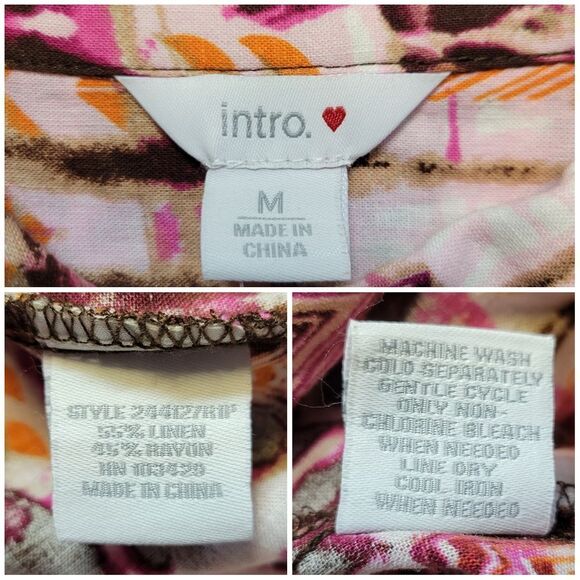 Intro Linen Rayon Colorful Button-Up Shirt Adjustable Roll Tab Sleeves Women's M - Picture 12 of 12